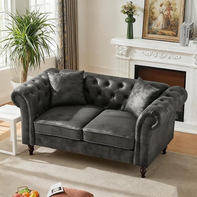 Loveseat Velvet Fabric Two- Seater Couch Buckle Design and Rivet Decoration Deep Seated Double Sofa Suitable for Living Room Bedroom Apartment Hotel etc (black-05)
