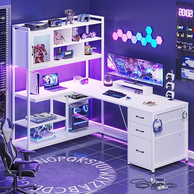 SEDETA L Shaped Computer Desk 58'' Office Desk with 3 Drawers and Bookshelf L Shaped Corner Desk with Storage Shelves and LED Light for Home Office Gaming Desk L Desk White