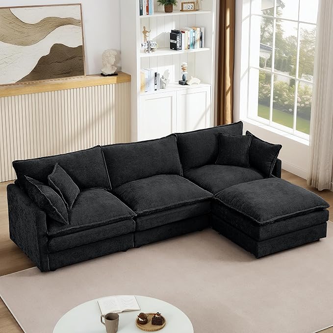 102 L-Shaped Sofa for Living RoomModular Sectional Cloud Sofa Couch with OttomanModern Chenille 3 Seater Sofas with Deep SeatSmall L Shaped Couches for Bedroom (Black 102)