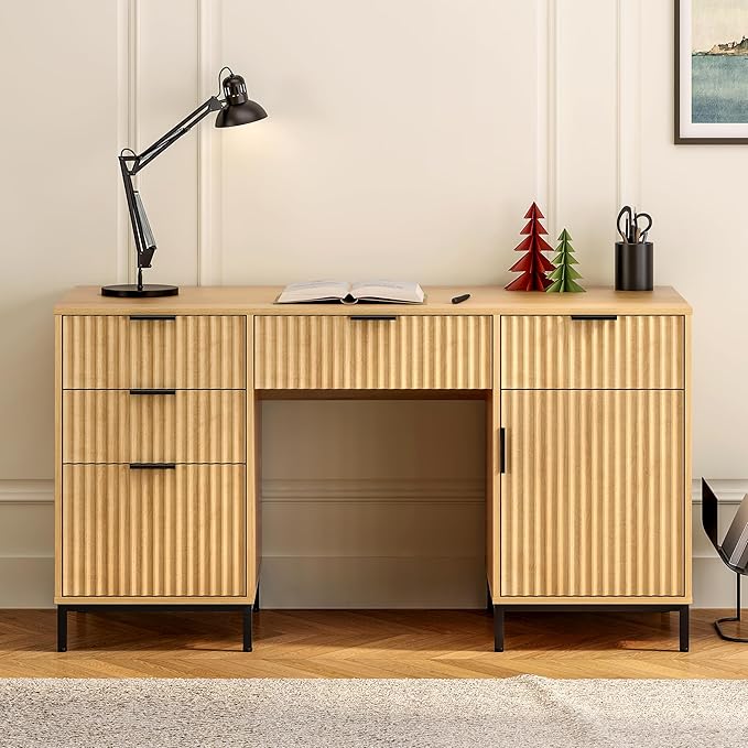55 Fluted Executive Desk Modern Wood Home Office Desk with Charging Station Keyboard Tray File Drawer Storage Cabinet Computer Writing Desk for Work Study Writing Natural Oak