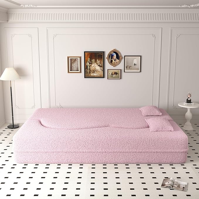Hommoo Convertible Sleeper Sofa Bed Futon Sofa Folding Mattress Couch Full Size Teddy 2 in 1 Compression Floor Lounge Couch High Density Foam for Living Room/Guest Room/Apartment Pink