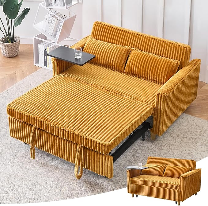 3 in 1 Pull Out CouchCorduroy Upholstered Convertible Sleeper Sofa Bed with Movable Side Table Modern Multifunctional Sofa with USB Port Cushioned Couch for Living Room (Yellow)