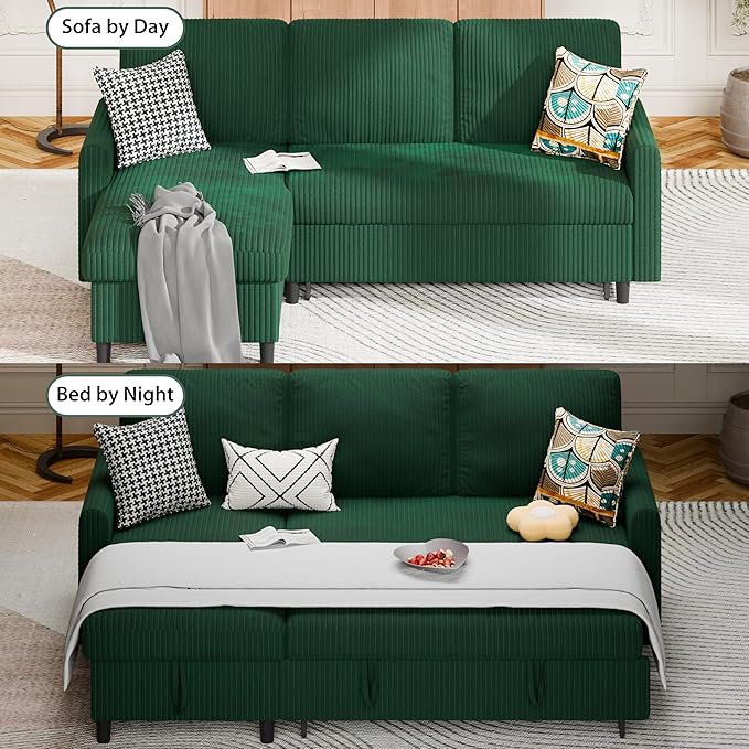 Sofa Bed Sleeper Pull Out 2 in 1 Sectional Sleeper Sofa Couches with Storage Pullout Sectional Couches for Apartment Living RoomGreen
