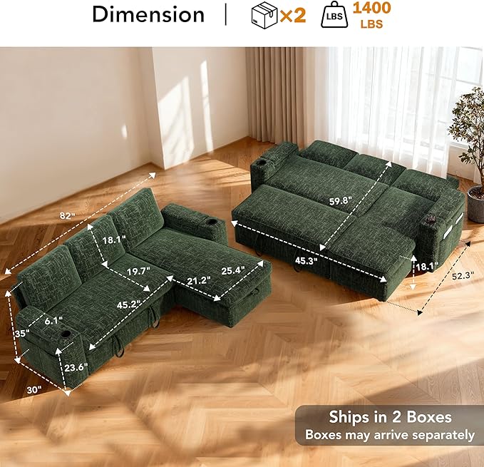 Sunny Heart L-Shaped Sleeper Sofa with Pull Out Bed 82 Sectional Couch with Reclining Backrest Reversible Storage Chaise Armrest Storage Cup Holders Side Pockets Tool-Free Assembly Green