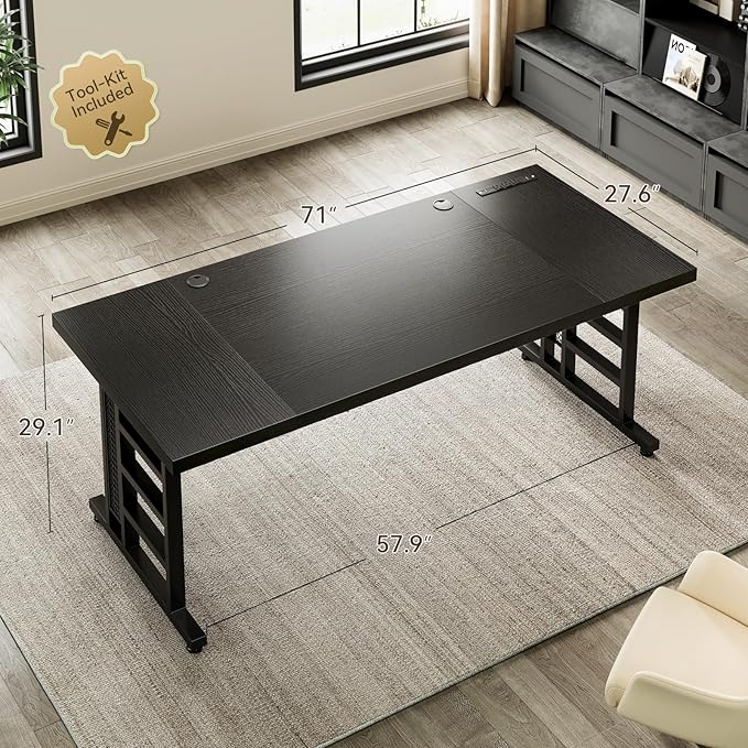 Coleshome 71 Inch Executive Desk with USB Ports Computer Office Desk Large Mordern Writing Table Workstation Business Furniture for Home Office Black