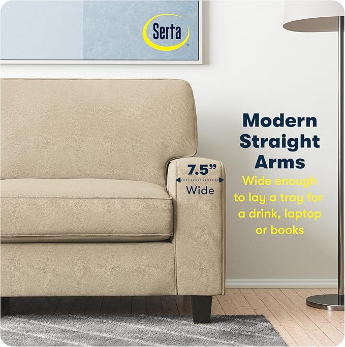 Serta Palisades 73 Track Arm Sofa Easy Care Polyester Soft Pillow Back Pocket Coil Seat Cushions Removable Covers Loveseat or Couch for Small Spaces Living Rooms or Bedrooms Sand Beige