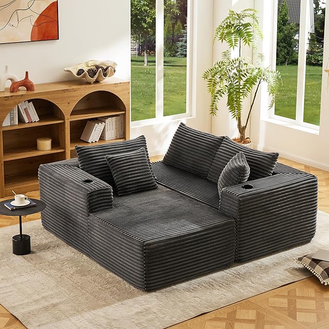 Modular Compressed Sectional Sofa Set – Velvet Corduroy Upholstery Convertible Couch with Cup Holders and Pillows for Living Room Grey