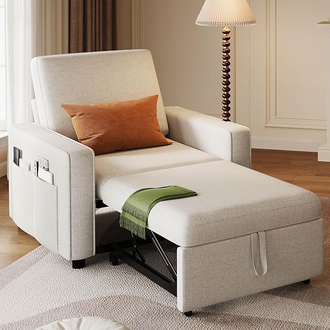 YITAHOME Convertible Sofa Chair Bed 3-in-1 Linen Fabric Sleeper with Pull-Out Bed Reclining Backrest &amp Wide Armrest Beige