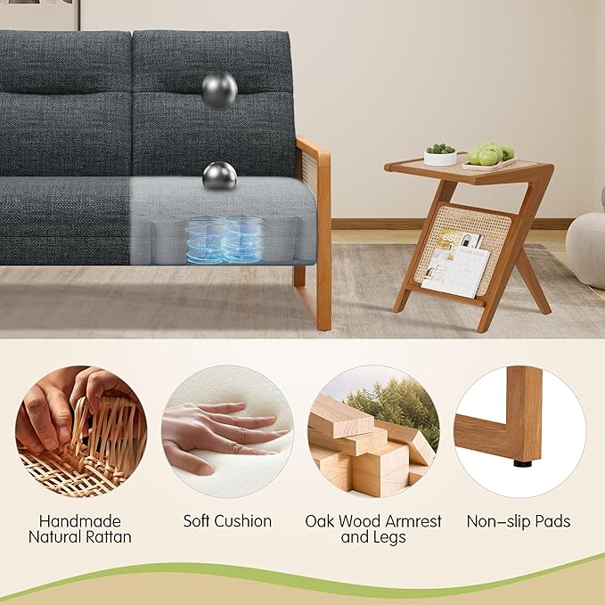 Alunaune Modern Loveseat Bench Couch with Natural Rattan Arm Upholstered Linen Small Love Seat Sofa 2-Seats Living Room Couch Settee Comfy Lounge Recliner Chair-Grey