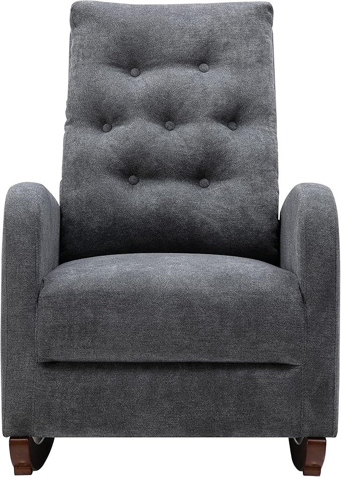 Cozy Linen Reclining Rocking Chair with Side Storage Pocket Comfortable Button Tufted Rocker Elegant and Functional Rocking Recliner Chair Ideal for Living Room &amp Nursery Dark Grey