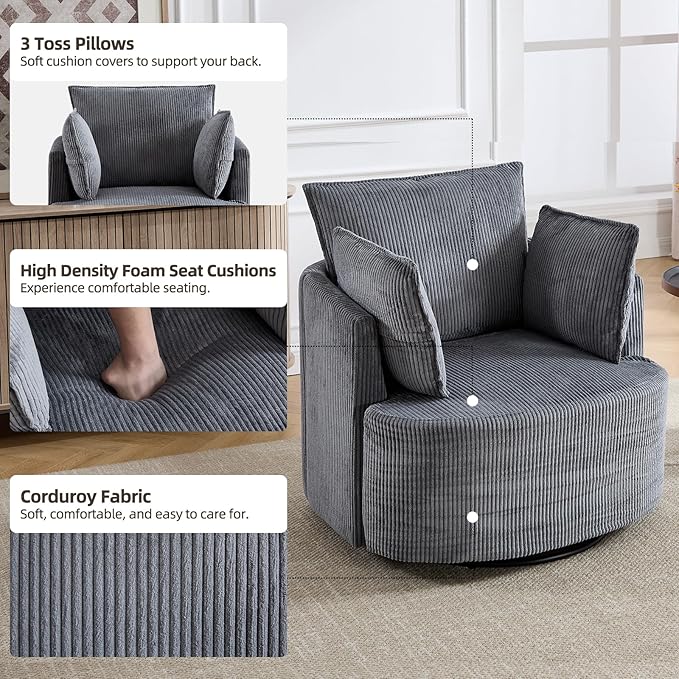 CANMOV Swivel Accent Chair 360°Swivel Barrel Chair with 3 Pillows Comfy Corduroy Round Armchair Single Sofa Chair for Living Room Bedroom Reading Room Dark Grey