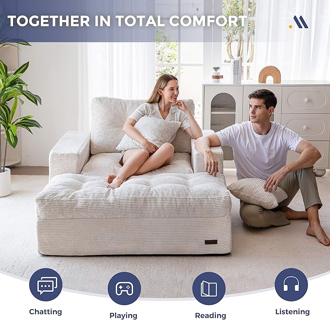 MAXYOYO Modular Sectional Chaise Lounge Sofa Upholstered Lounge Chair with Ottoman Comfy Couch with Layered Cushion Tufted Upholstered Sleeper Chair for Living Room No Assembly Beige