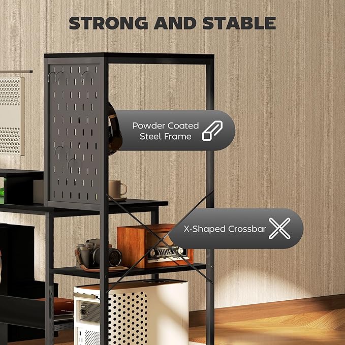 HOMCOM 56 Gaming Desk with Monitor Stand Power Outlets and LED Lights Computer Desk with Storage Shelves Fabric Drawers 2 CPU Stands Pegboard for Home Office Black