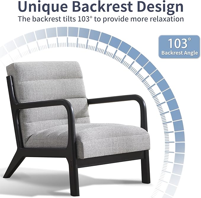 VKNOW Accent Chair with RubberWood Frame Mid-Century Modern Upholstered Reading Armchair High Back Lounge Armchair Living Room Chair for Bedroom Reading Room Grey