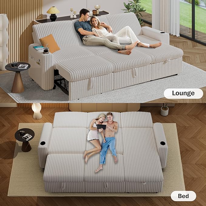 Sunny Heart 101 Plush Corduroy L Shaped Sectional Sleeper Sofa Bed with Pull Out Bed Reclining Backrest Reversible Storage Chaise USB Ports Cup Holders Tool Free Assembly Beige