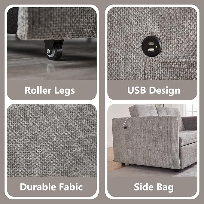 57.48 Convertible Sofa Bed with Cup Holder Pull Out Sleeper Sofa Bed with USB Charging Ports 3 in 1 Convertible Sleeper Sofa Bed for Living Room Apartment Bedroom RV Grey