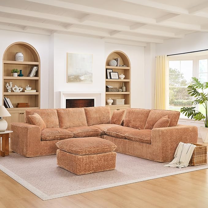 L-Shaped Boneless Modular Sectional Cloud Couches 6 Seat Modular Boucle Floor Foam Boneless Sofa Couch with Ottoman Headrest Pillows and Removable Cushions