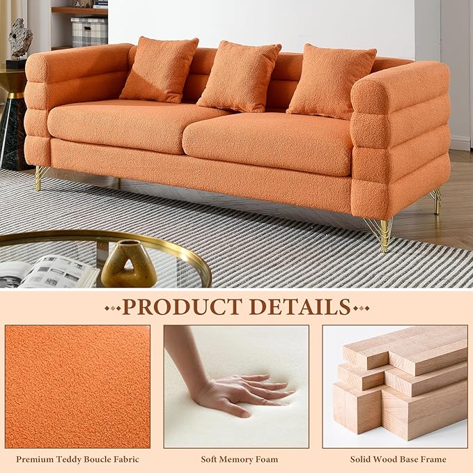 Loveseat Modern Sofa 81+60 Teddy Boucle Comfy Cloud Couch Upholstered Deep 5 Seater Sherpa Couch Set with Stylish Metal Legs for Living Room Home Office Bedroom Apartment Orange