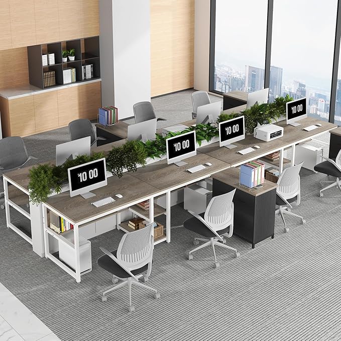 Tribesigns Two Person Desk with Bookshelf 78.7 Computer Office Double Desk for Two Person Rustic Writing Desk Workstation with Shelf for Home Office (Gray/White)