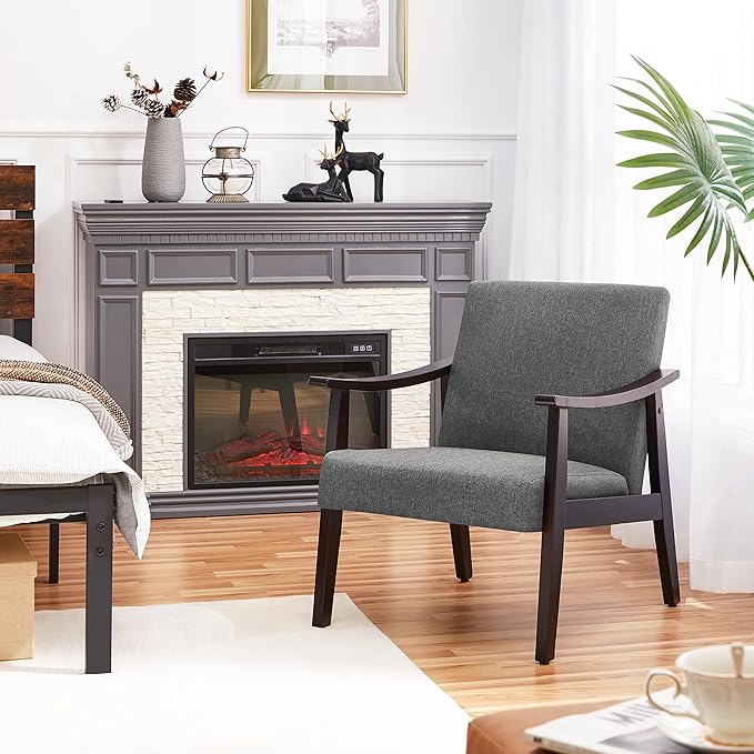 Yaheetech Leisure Chair with Solid Armrest and Feet Modern Mid-Century Accent Chair Linen Fabric Side Sofa for Living Room Bedroom 2pcs Dark Gray