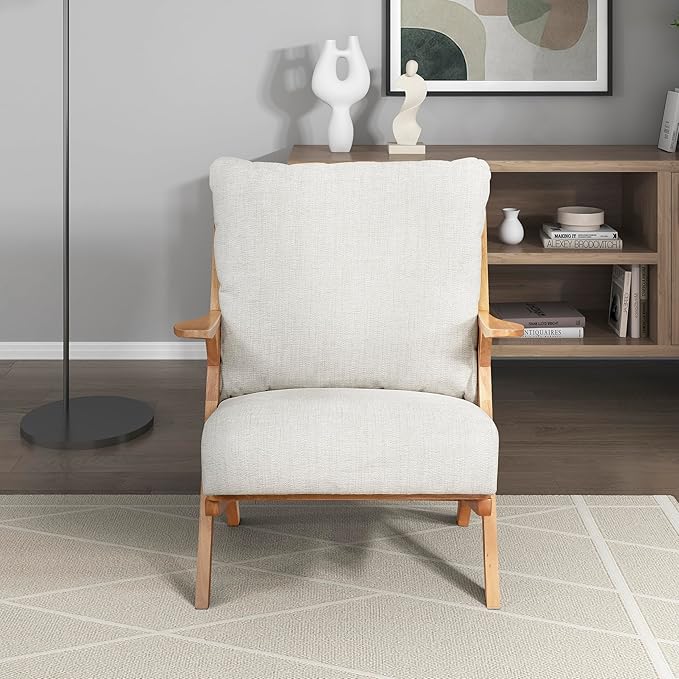 Lexicon Mid Century Modern Accent Chair Natural Finish Solid Rubberwood Frame Reversible Back Cushion Woven Chenille Upholstered Reading Chair for Living Room/Bedroom/Office Beige