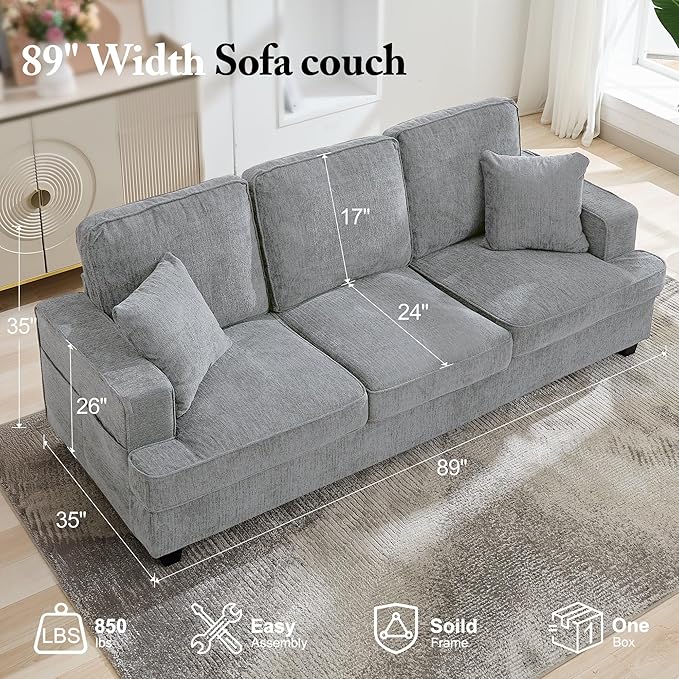 89 3-Seater Sofa Couches for Living Room with Deep Seats Mid Century Modern Chenille Sofa with Armrests Comfy Sofas for Living Room Bedroom Apartment Office Pewter