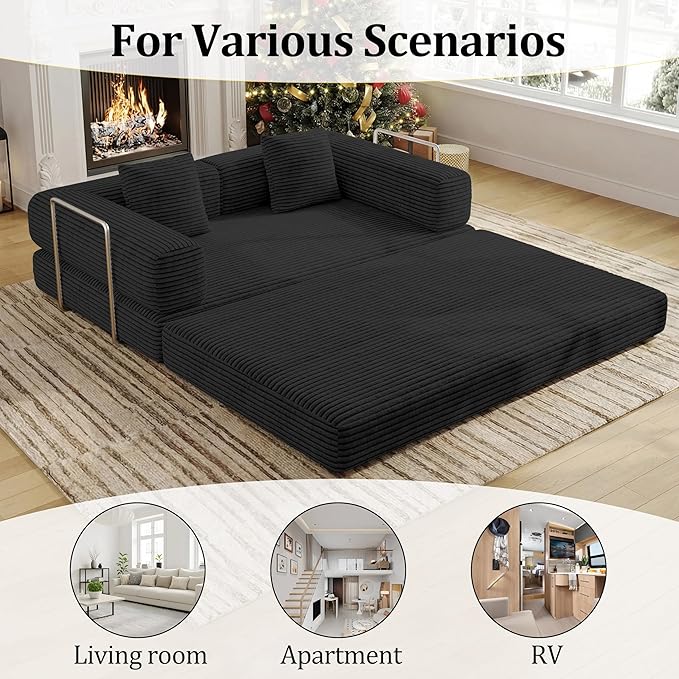 4-in-1 Foldable Sofa Bed Teddy Foam-Filled Compressed Couch Loveseat Sofa Boneless Foldable Convertible Sleeper Sofa Couch for Space Saving Living Room Guest Bed Playroom (Black 53.15Double Sofa)