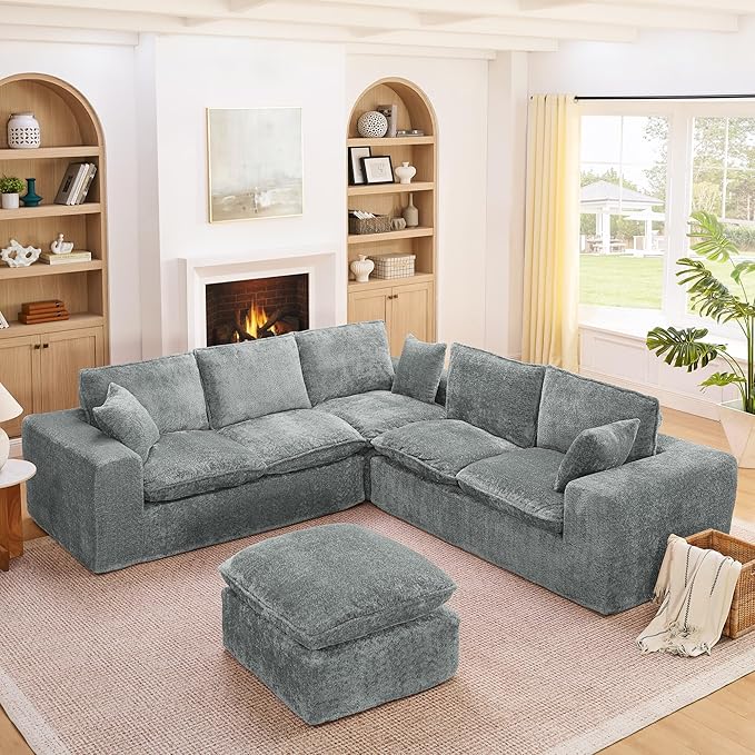 L-Shaped Boneless Modular Sectional Cloud Couches 6 Seat Modular Boucle Floor Foam Boneless Sofa Couch with Ottoman Headrest Pillows and Removable Cushions