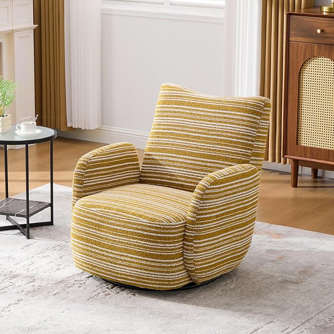 Modern Boucle Upholstered Accent Swivel Barrel ChairLeisure Club Lounge Chair with Sand-Rimmed Fabric and Metal Bracket for Living Room Bedroom Home Office (Mustard Yellow Boucle)