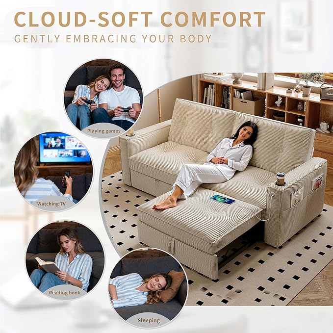 73.2 Pull Out Sofa Bed Corduroy Convertible Sleeper Couch Loveseat Chaise Lounge with Side Pockets &amp Cup Holder Pullout Futon Sofa Bed for Living Room Bedroom Small Spaces RV (White)