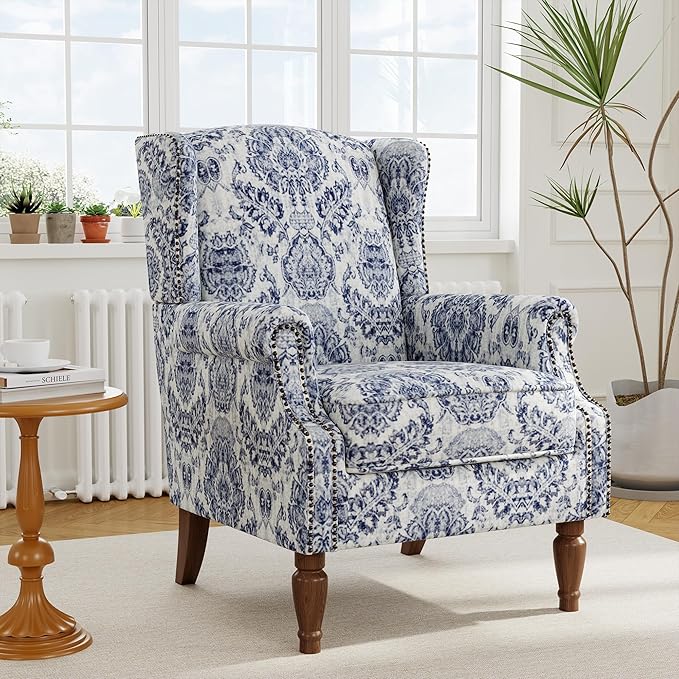 Floral High Back Accent Chair Upholstered Armchair with Solid Wood Legs Comfy Wingback Reading Single Sofa Chair for Small Spaces Living Room Bedroom(Floral Navy Blue Set of 2)