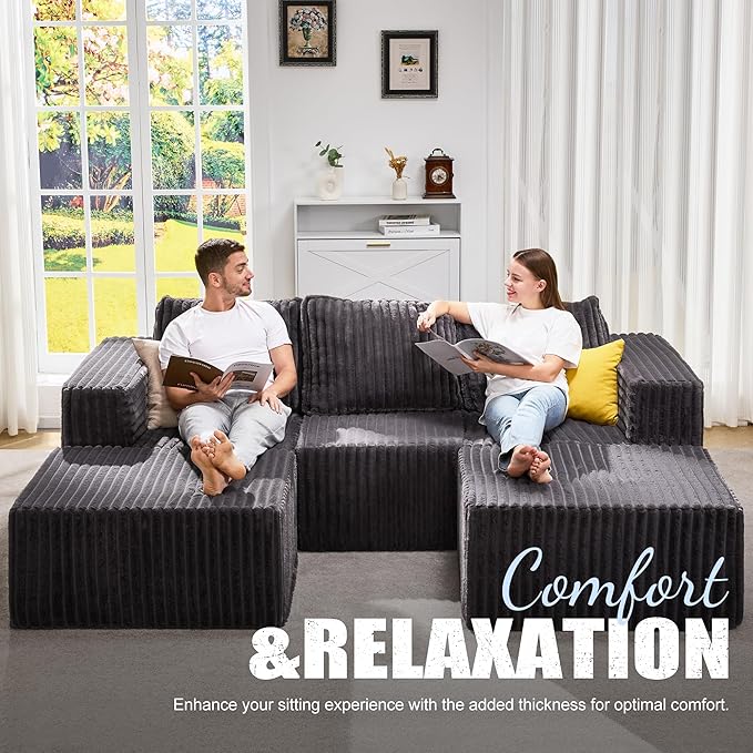 Hobestluk Modular Sectional Sofa Memory Foam Couch Oversized Sectional Sofa 3-Seater with Chaises Cloud Couch with Removable Cover U Shaped Sofa for Living Room (Strip Grey U Shape)