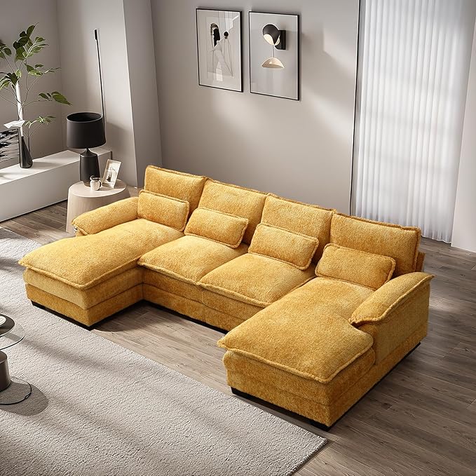 U Shape Sectional Sofa Cloud Couch 110.6 Modern Chenille Comfy Modular Couch 4 Seat Upholstery Sofa with Double Chaise for Living Room Yellow