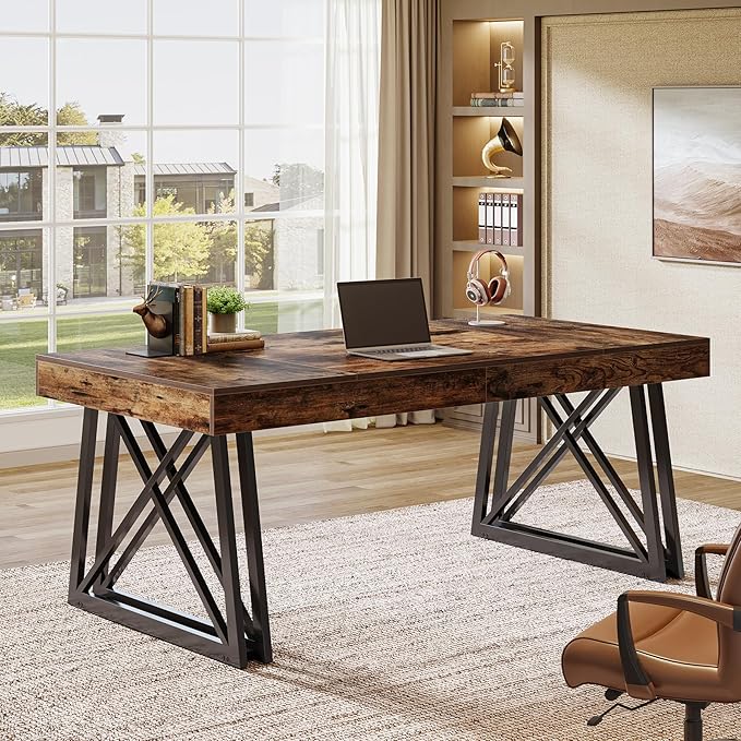 Tribesigns 63-Inch Executive Desk Farmhouse Office Computer Desk with Sturdy X-Shaped Legs Large Writing Table Business Furniture Workstation for Home Office Study (Rustic Brown &amp Black)
