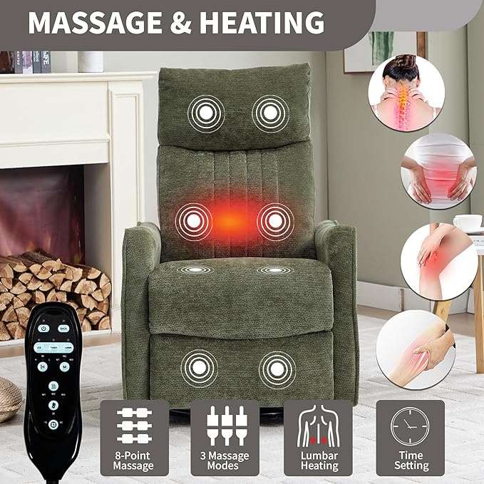 Small Swivel Rocker Recliner Chair for Nursery Heat &amp Massage Manual Upholstered 360° Fabric Glider Chair Small Recliners for Small Spaces Living Room (Green)