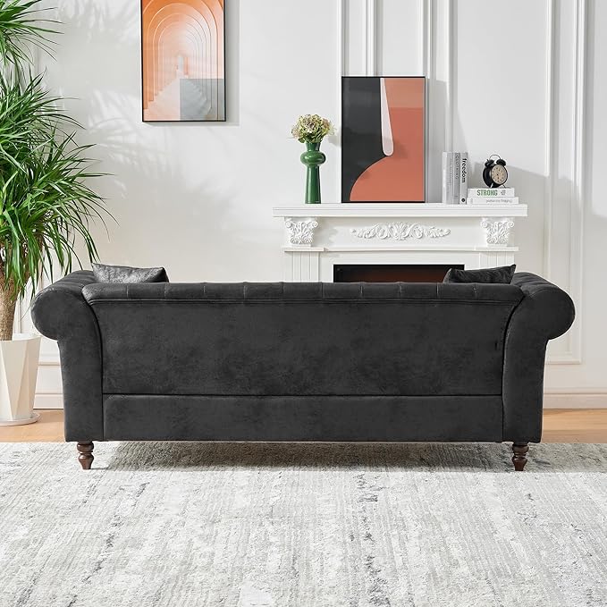 Air Leather Tufted Sofa Couch for Living Room Rolled Arm 3-Seater Sofa Couch with 2 Pillows Small Apartment Chesterfield Sofa