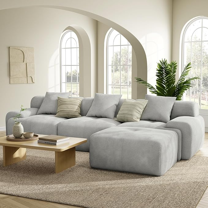 LIKIMIO 118 Modular Sectional Sofa with Ottoman L-Shaped Boneless Couch with Deep Seat for Living Room Corduroy Upholstery No Assembly Required Light Grey