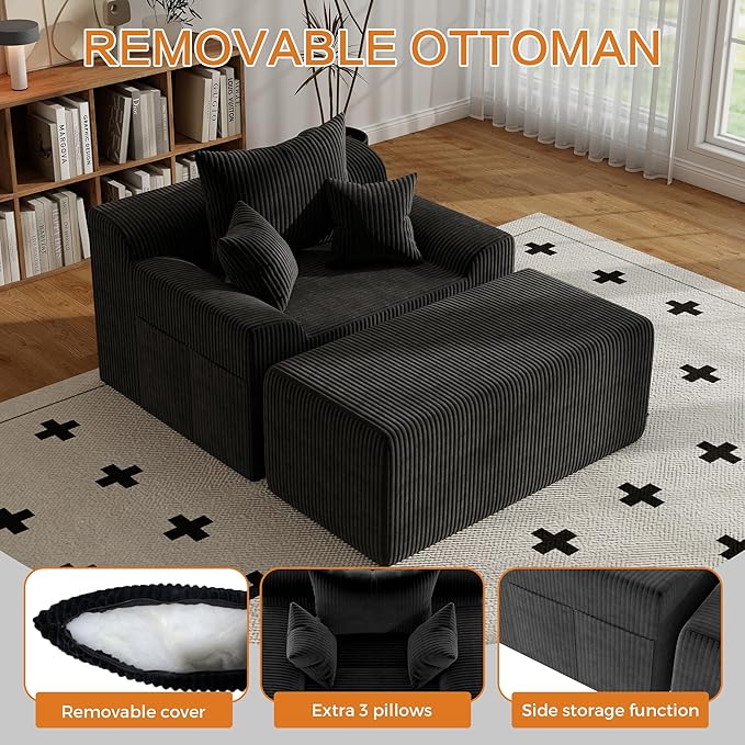 LSSBOUGHT 60'' Chaise Lounge Chair Indoor Oversized Upholstered Sofa Bed Sleeper Couch Reading Chairs Plush Corduroy Fabric Sofas Couches for Living Room (Black)