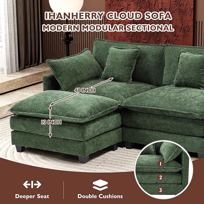 Ihanherry 111.4 L Shaped Modern Sofa Modular Sectional Cloud Couch with Ottoman 4-Seat Chenille Deep Seat Sofa with Pillow for Living Room Bedroom and Apartment Green