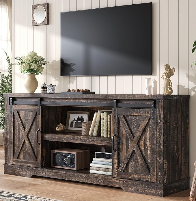AMERLIFE 66 Farmhouse TV Stand for 75 Inches TVs Entertainment Center with Sliding Barn Door and Adjustable Shelf &amp Feet Console Table with Storage Dark Rustic Oak