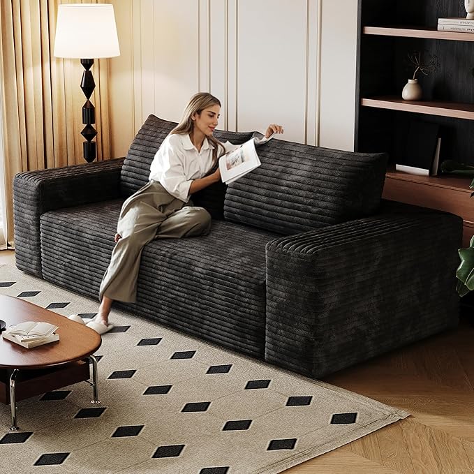 63 Small Cloud Loveseat Sofa in a Box Comfy Corduroy 2-Seater Boneless Couch Modern Deep Seat Sofa for Small Spaces Living Room &amp Apartment No Assembly Required (Black 63 inch) | Memory Foam