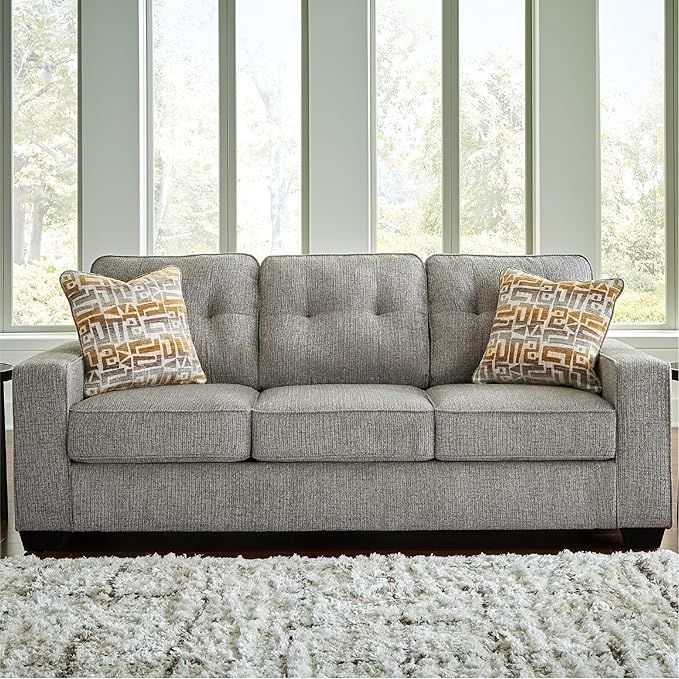 Signature Design by Ashley Fanciful Classic Sofa Sleeper with Tufted Cushion Removable Cushion and Bi-Fold Memory Foam Mattress Queen Light Gray