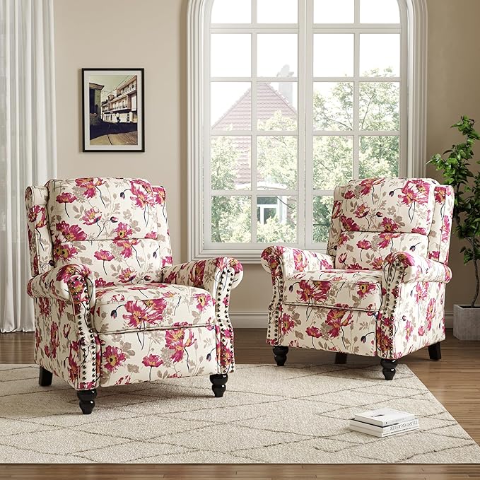 Pushback Recliner Chair Upholstered Armchair Wingback Recliner Chair Floral Fabric Push Back Recliner with Wood Legs Rivet Trim Single Sofa Accent Chair for Living Room Bedroom Pattern White