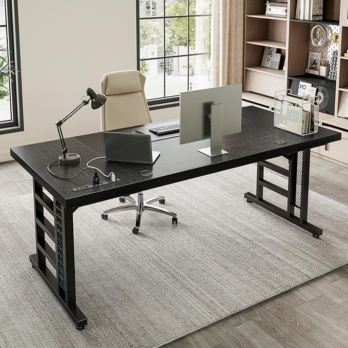 Coleshome 71 Inch Executive Desk with USB Ports Computer Office Desk Large Mordern Writing Table Workstation Business Furniture for Home Office Black