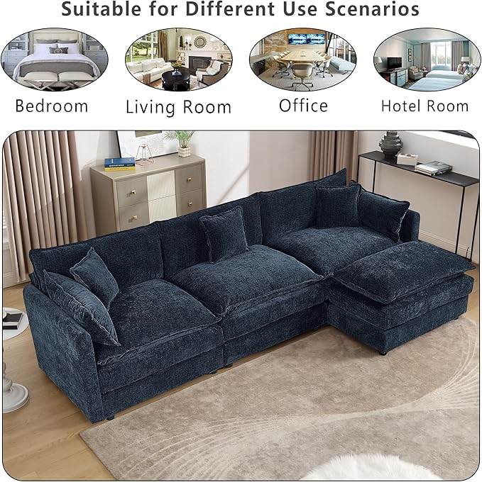 Setawix Deep 3 Seater Couch with Ottoman112.2 L-Shaped Cloud Couches for Living RoomChenille Cloud Sofa Couch with Deep SeatModular Sectional L Shape 3 Seat Sofa for Bedroom. (Blue 3+1)