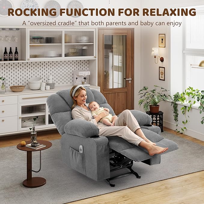 Massage Rocker Recliner Chair Ergonomic Rocking Recliner Sofa with Vibration Massage &amp Heat Reclining Fabric Nursery Chair for Living Room Lounge with 4 Pockets 2 Cup Holders Grey