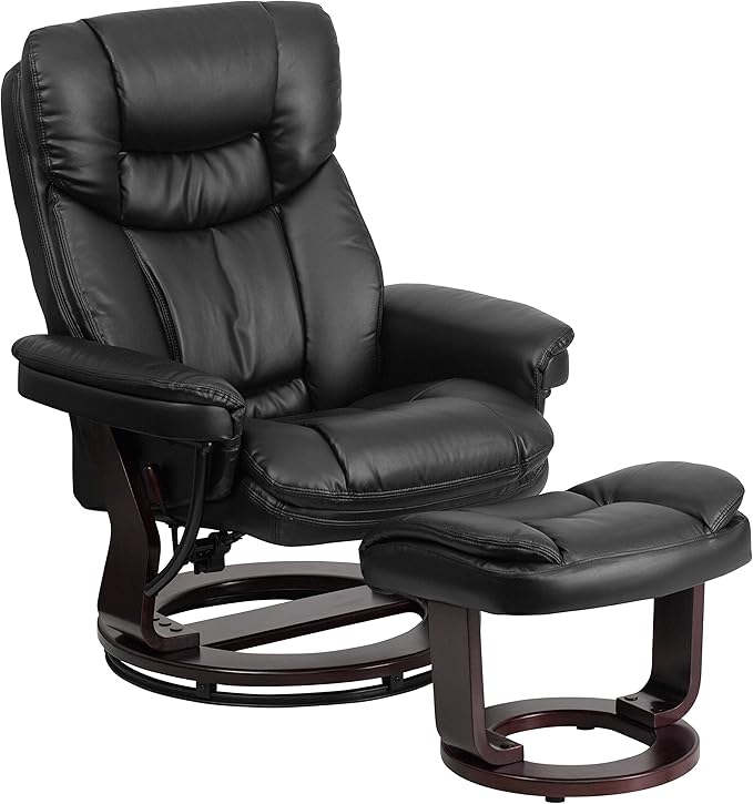 Flash Furniture Allie LeatherSoft Upholstered Recliner with Footrest Arms and Headrest Padded Swivel Recliner Chair and Ottoman Set Black