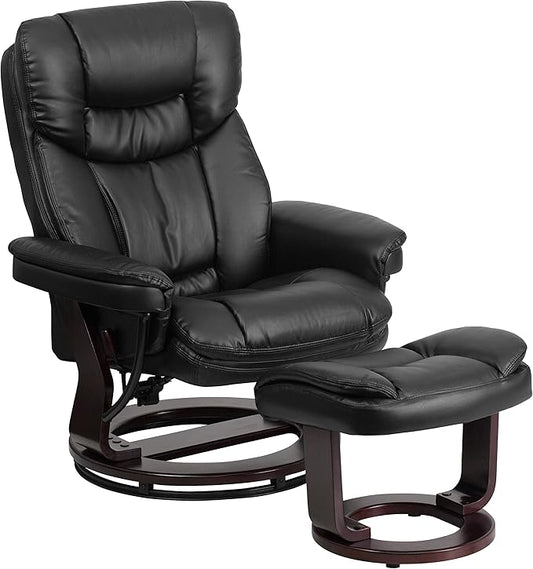 Flash Furniture Allie LeatherSoft Upholstered Recliner with Footrest Arms and Headrest Padded Swivel Recliner Chair and Ottoman Set Black
