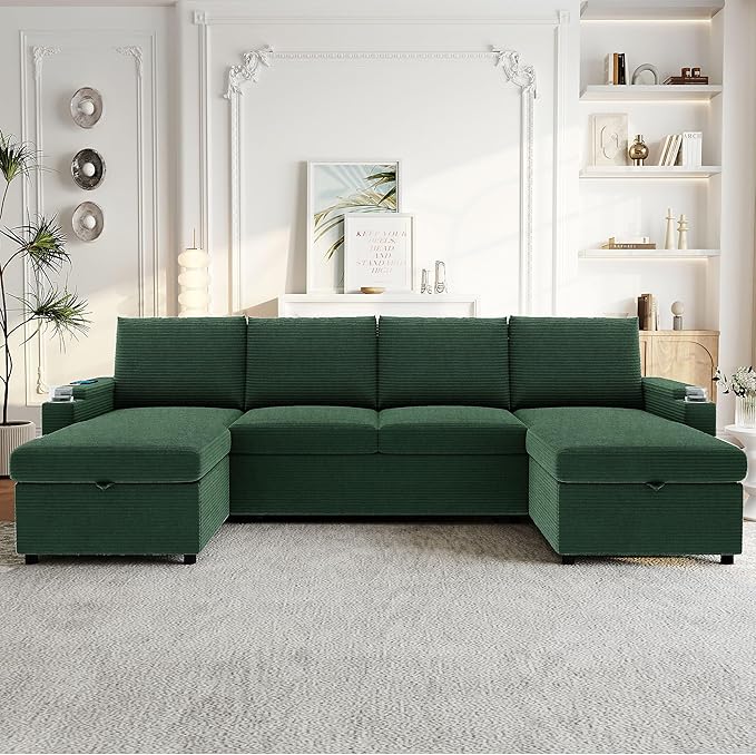 109.5 Sectional Sofa Convertible Pull-Out Sofa Bed with 2 Storage Chaise Lounges and Cup Holders Chenille Fabric U-Shaped Couch with Storage Boxes &amp USB Ports for Living Room (Green-9.19)