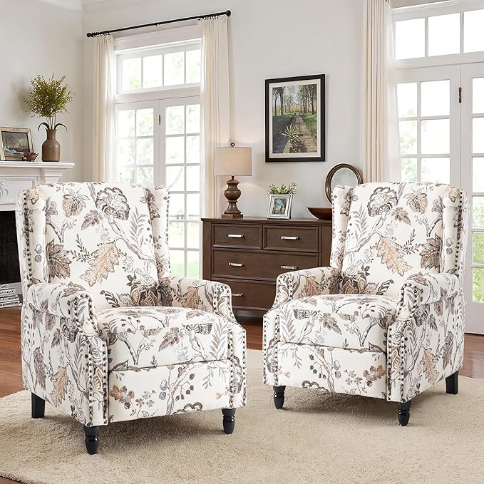 Recliner Chair Upholstered Wingback Floral Pushback Armchair with Adjustable Backrest &amp Footrest Comfy Accent Chair for Small Spaces Living Room Bedroom (Plants Beige Set of 1)
